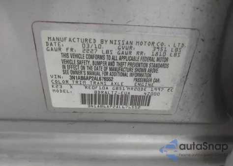 2010 Nissan Sentra 2.0Sr из США, поврежденный, VIN 3N1AB6AP2AL676552